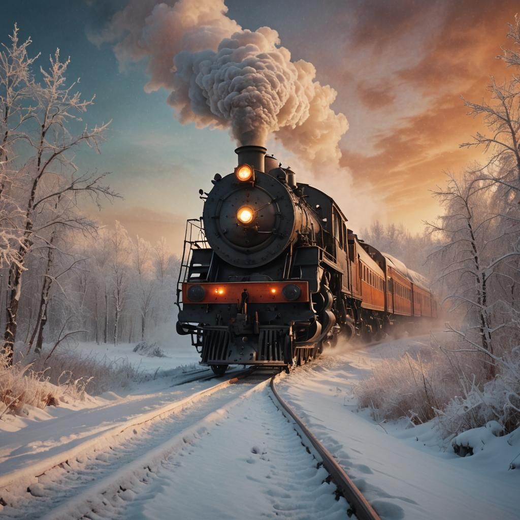 Siberian Winter Landscape with Steam Train