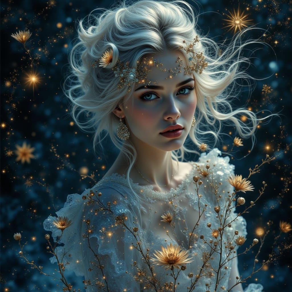 Ethereal Woman in Starlight Gown