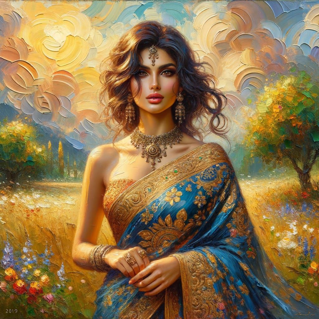 Impressionist Woman in Blue Sari with Gold Patterns