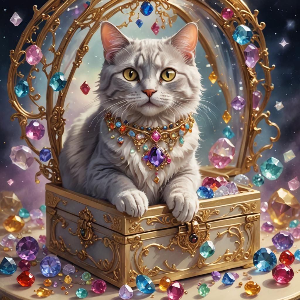 Ethereal Magical Cat in Gem-Filled Jewelry Box