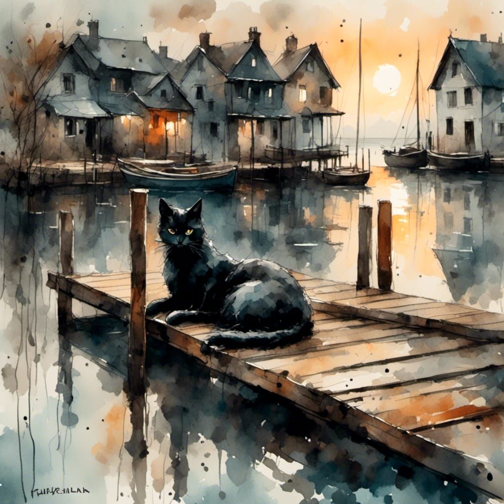 Misty Dockside Village with Sleeping Cat in Watercolor