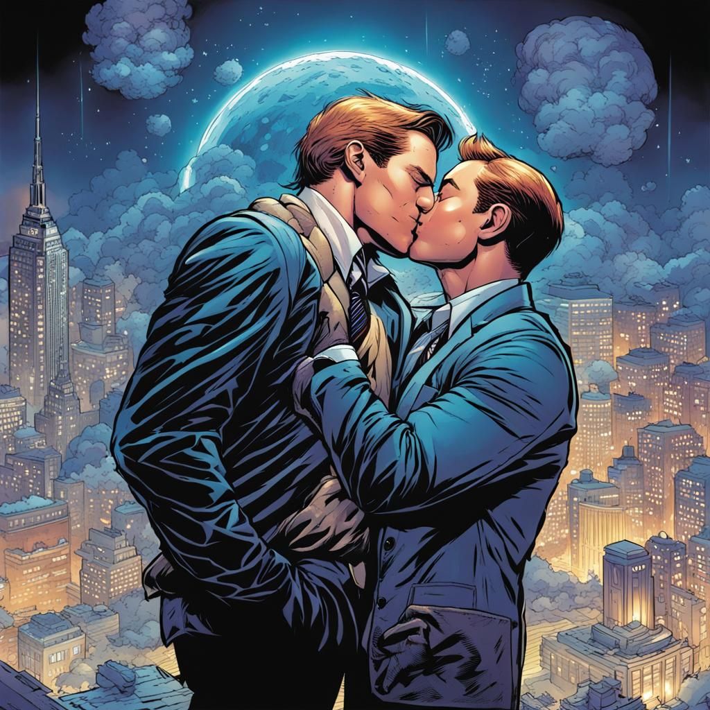 Gay Men Kissing in Comic Book Art Style