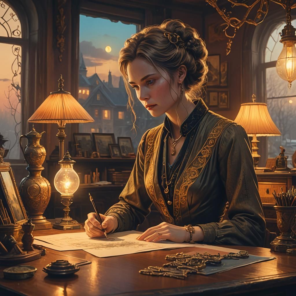 Elegant Woman Drawing Paintings in Fantasy Style