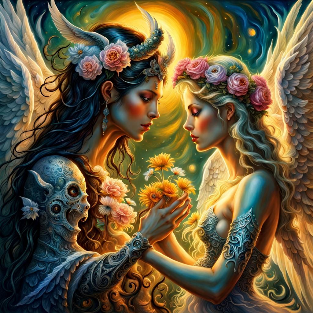 Demon Offers Flowers to Angel: Fantasy Concept Art