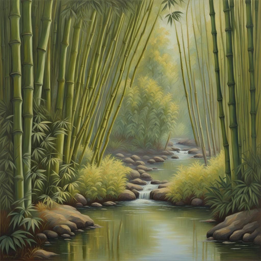 Bamboo Forest Scene in Oil Painting Style