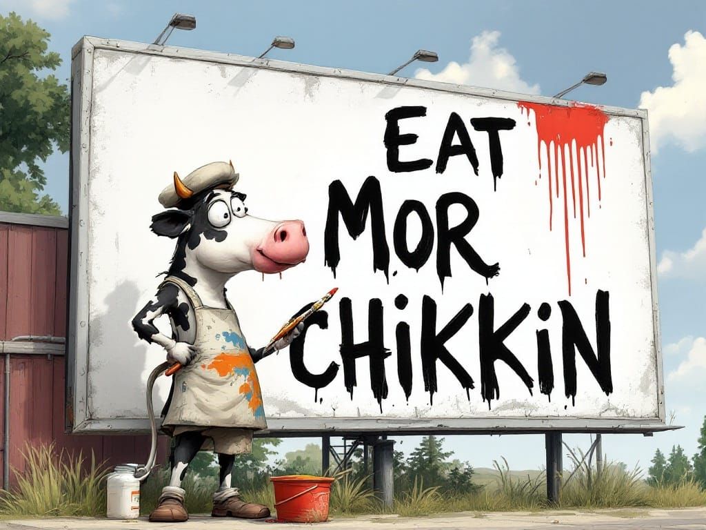 Whimsical Cartoon Cow Paints Playful Billboard