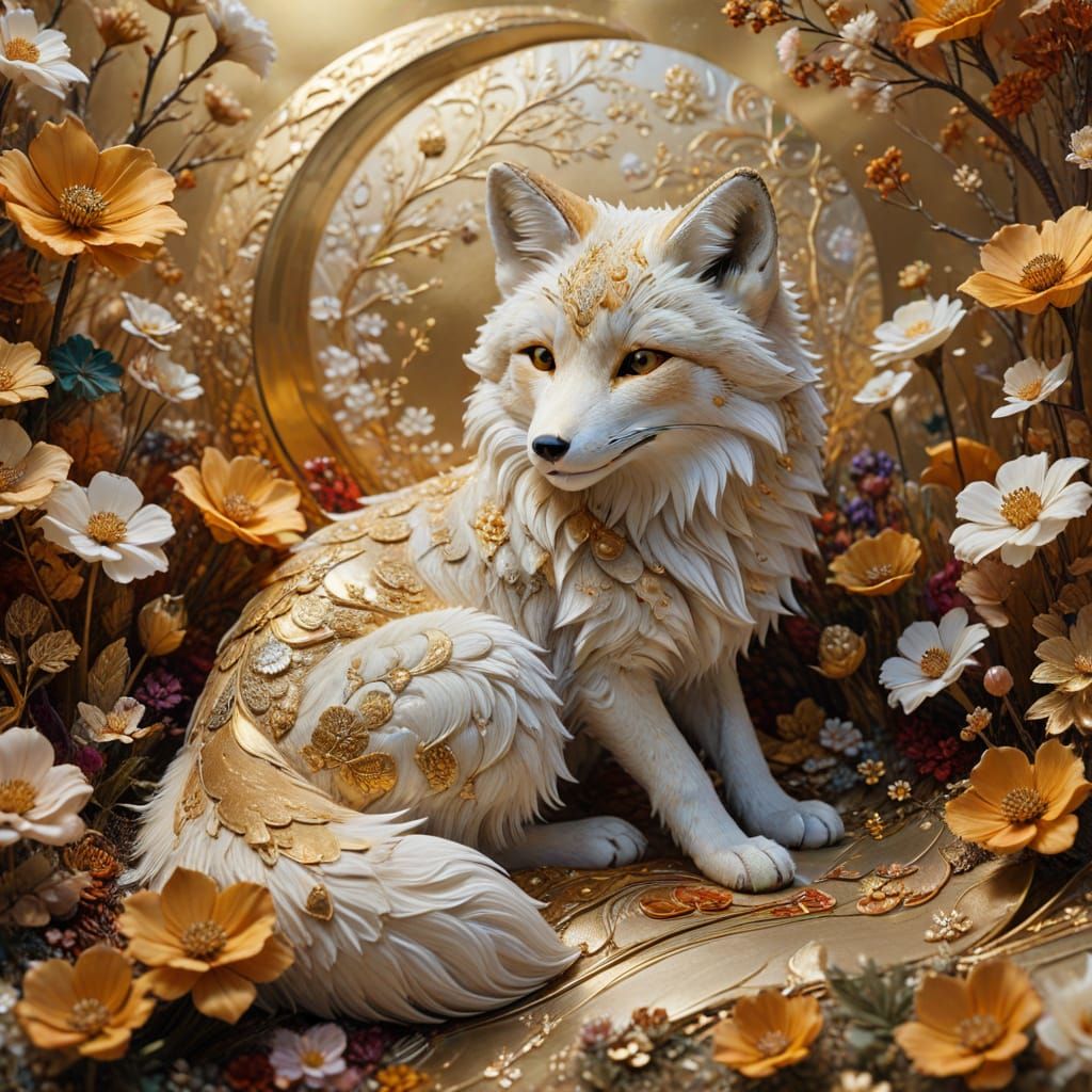 Velvet Snow Fox Patchwork Art in Gold
