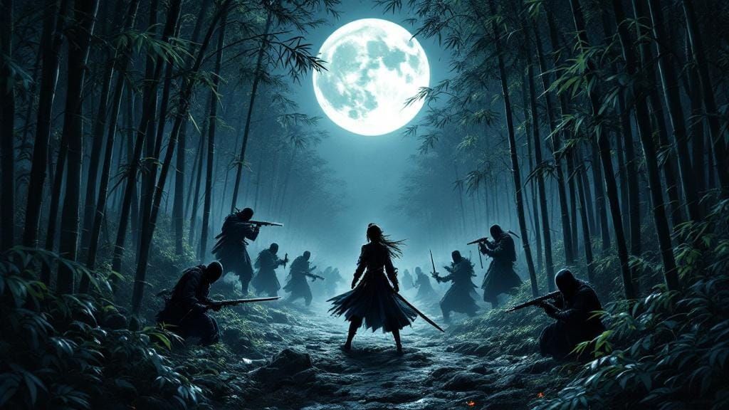 Samurai Surrounded by Ninja in Ukiyo-e Style