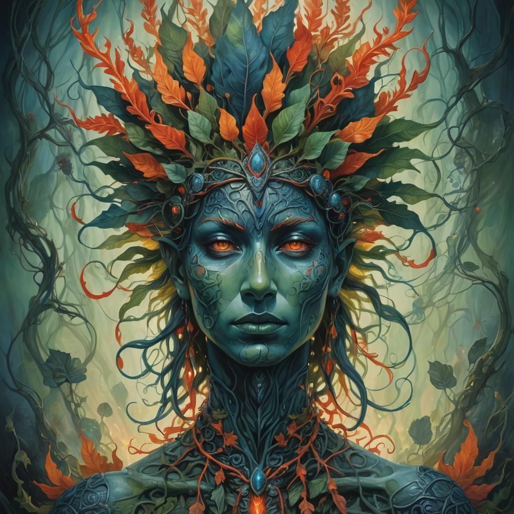 Surreal Figure with Fiery Glow and Organic Adornments