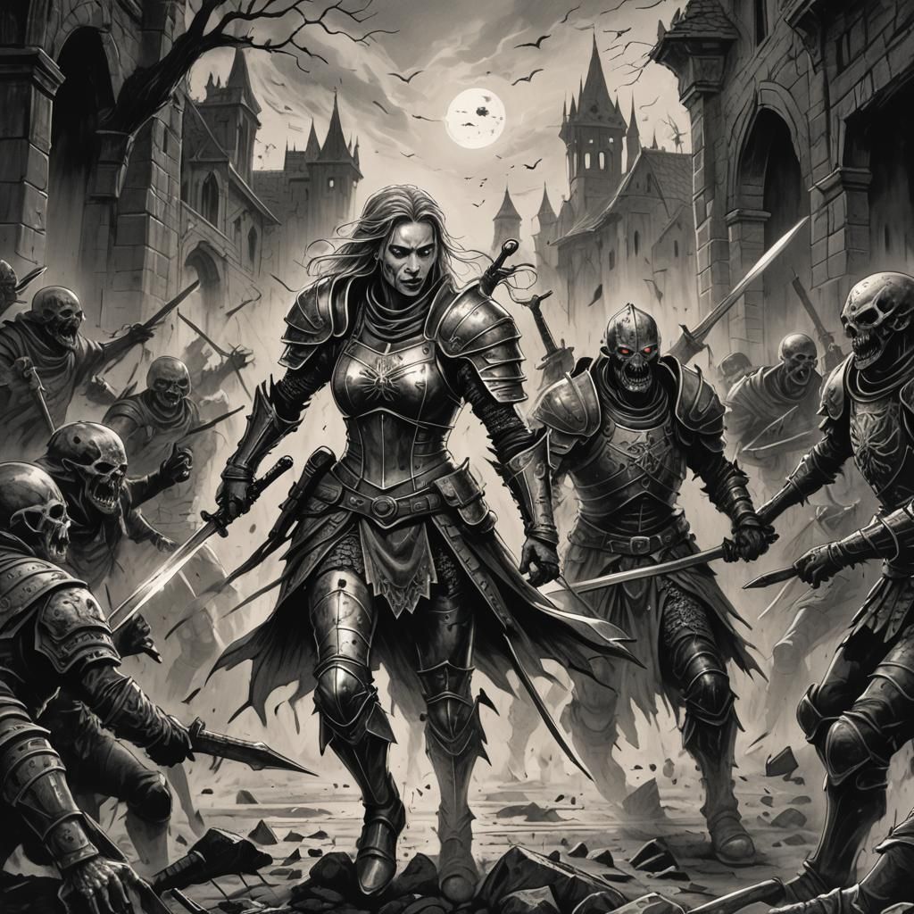 Female Warrior Battles Zombies: Gothic Horror Pencil Sketch