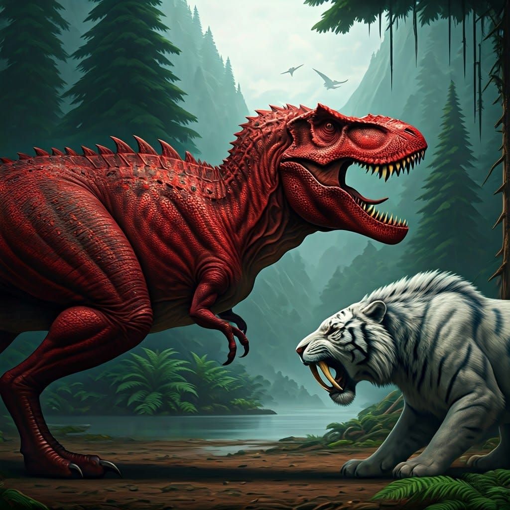 Epic Red T-Rex Battles Saber-Toothed Tiger in Prehistoric La...