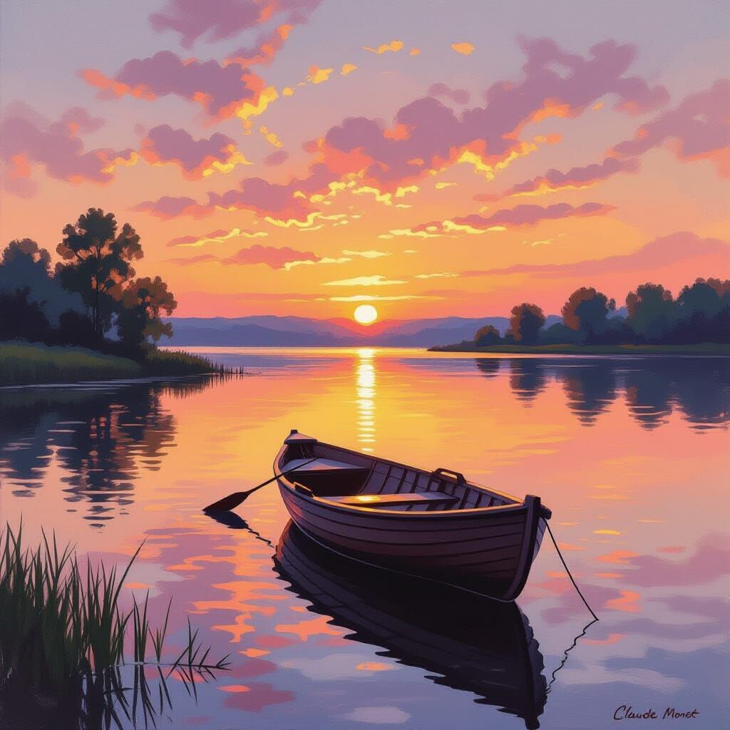Serene Sunset Lake Reflections in Painterly Style