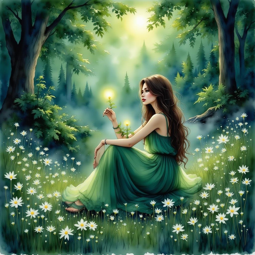 Elegant Lady in Forest Clearing as Watercolor Painting