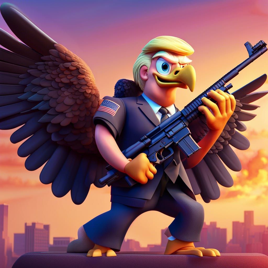 Donald Trump Rides Eagle with AR-15: Pixar Style