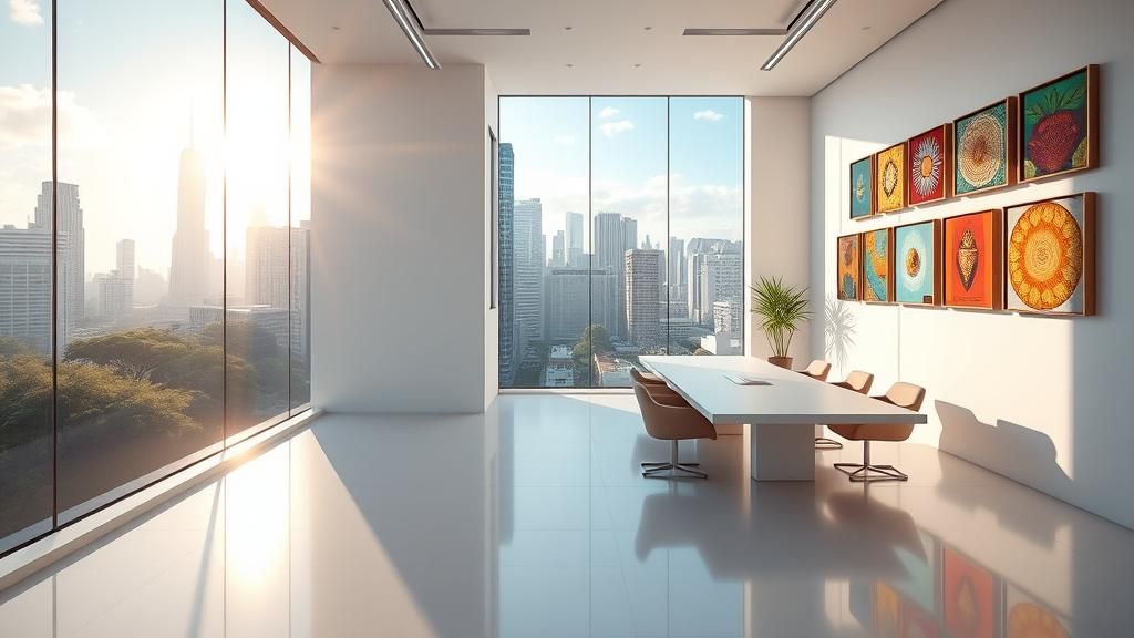 Modern Office with White Wall and Cityscape View