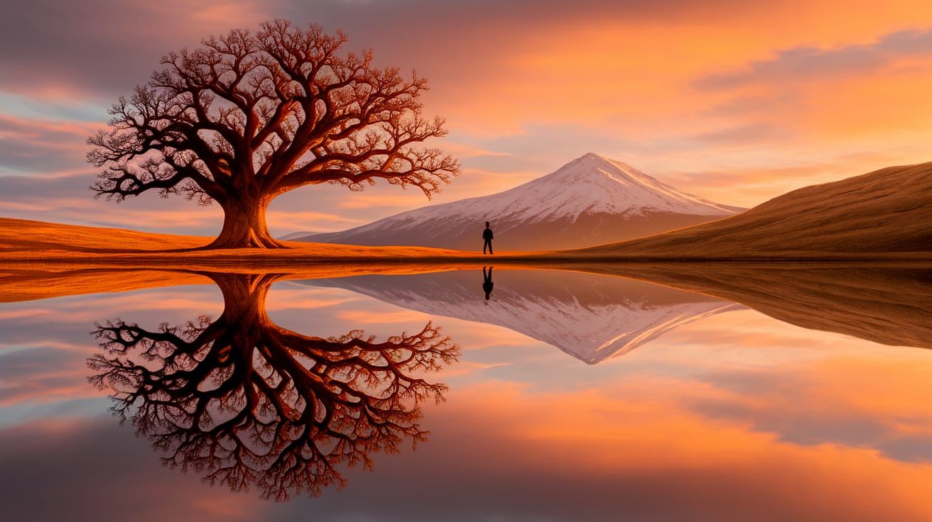 Ancient Oak Tree Reflection at Golden Hour