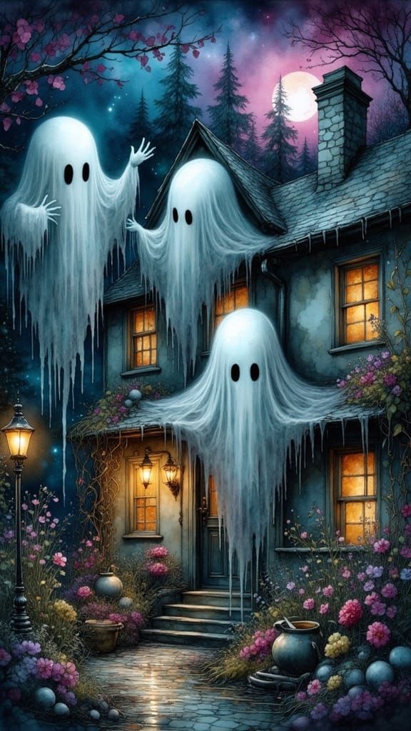 Eerie Ghosts Haunt a Floating House in a Vibrant, Surreal Sc...
