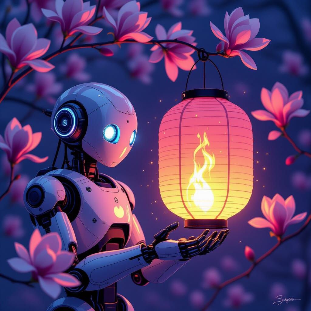 Robot Guards Fiery Lantern Amidst Magnolia Blossoms