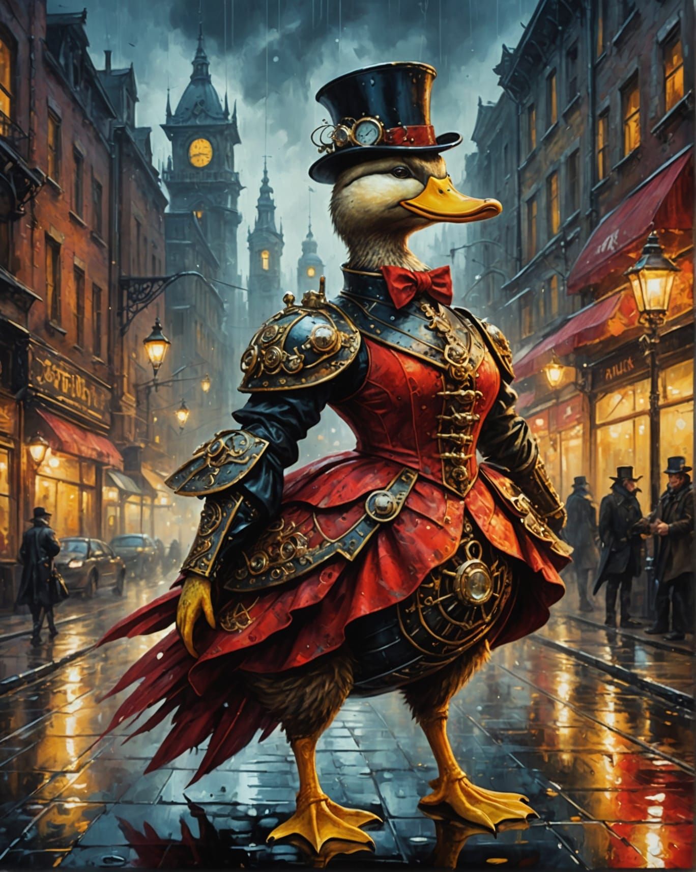 Steampunk Duck Riding Dragon in Oil Painting Style