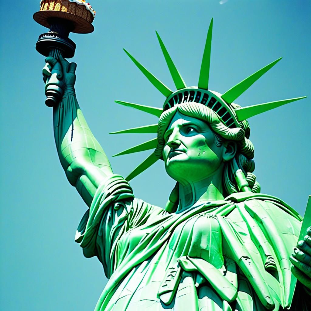 Green Liberty Holding Cake Over New York