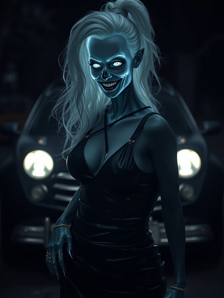 Eerie Holographic Snow White in Dark Horror Portrait