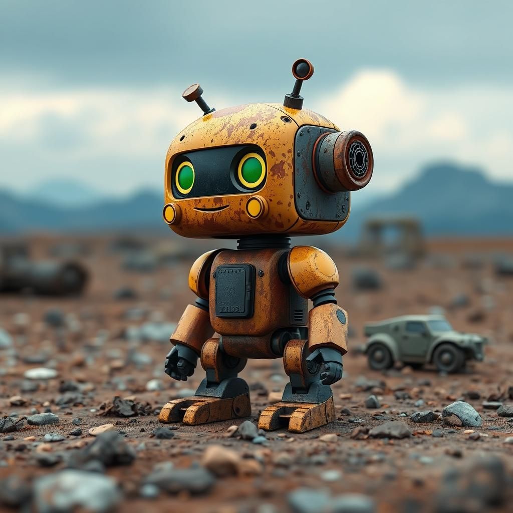 Hyperrealistic Robot Pet in Amber Landscape