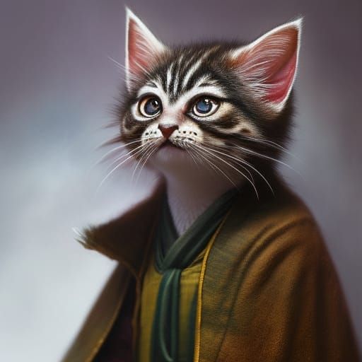 Adorable Jedi Kitten Portrait in Detailed Gouache Style