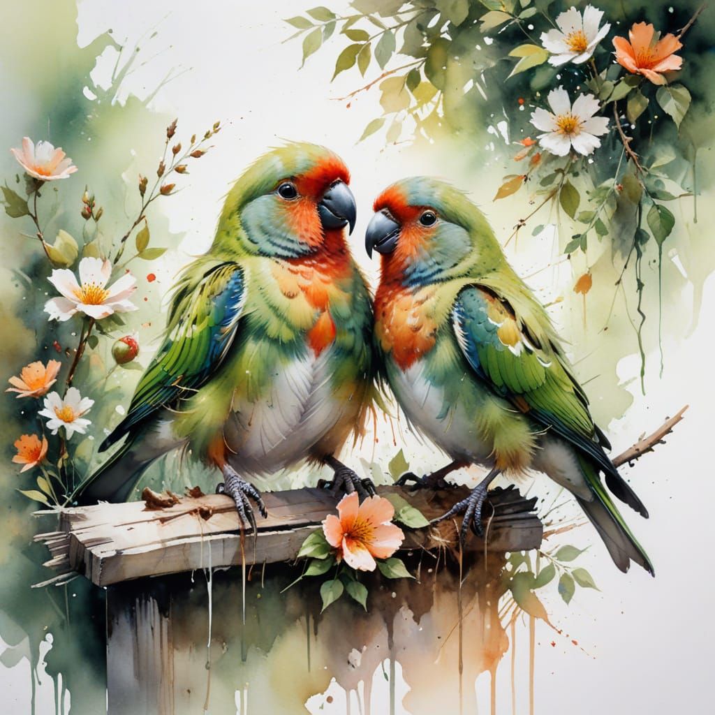 Lovebirds Nest on Rustic Clothesline: Watercolour Art