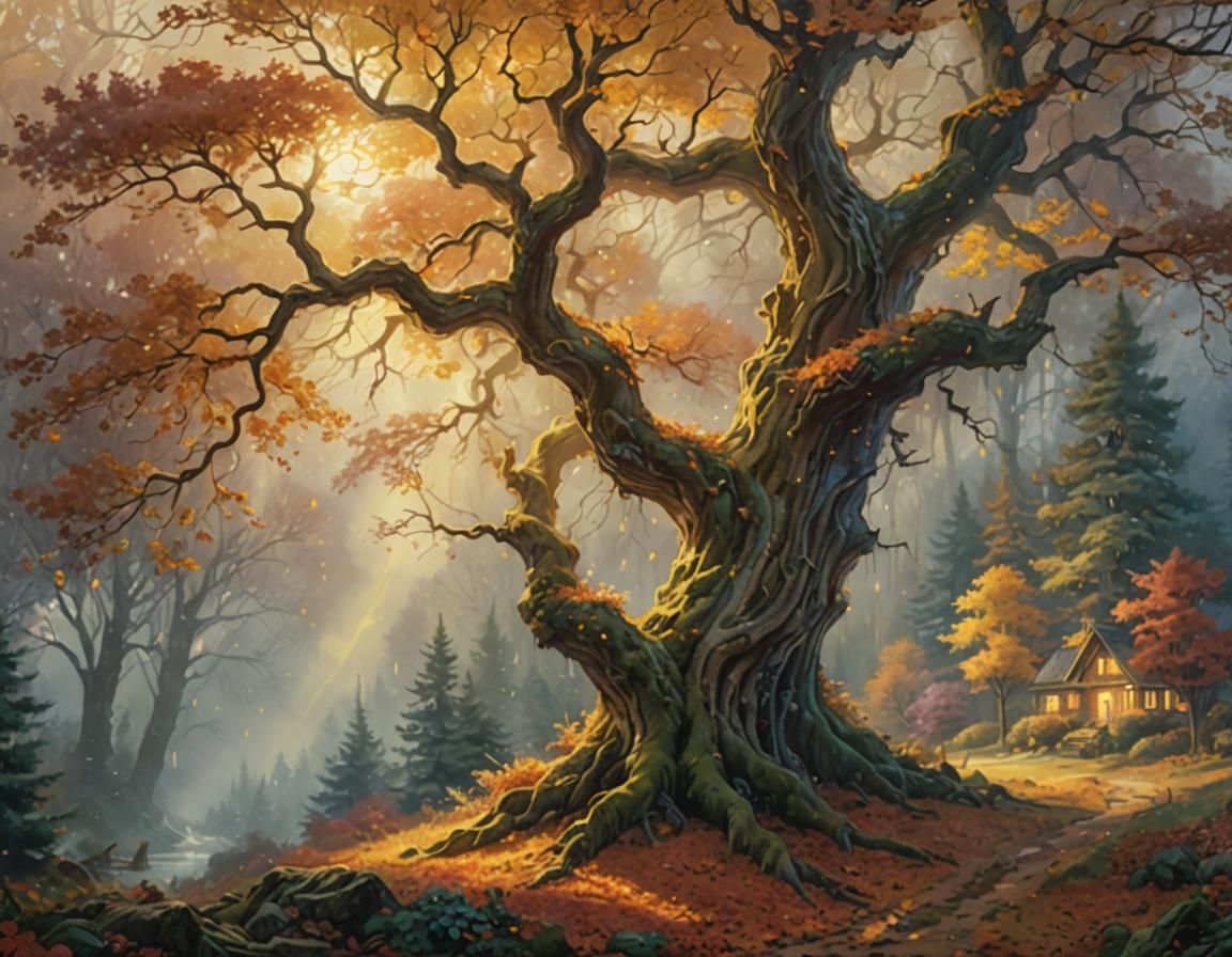 Misty Autumn Tree in Golden Light