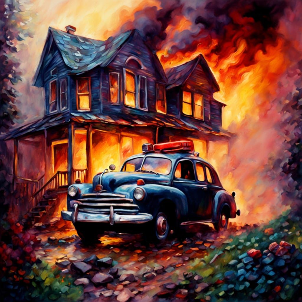Burning House: A Gouache Style Charcoal Drawing