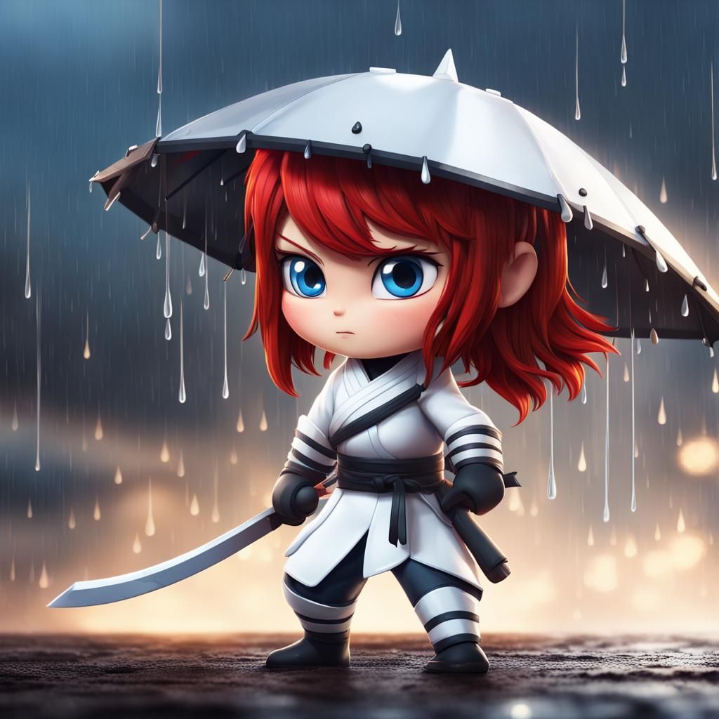 Ninja Woman with Red Hair in Chibi Pixar Style