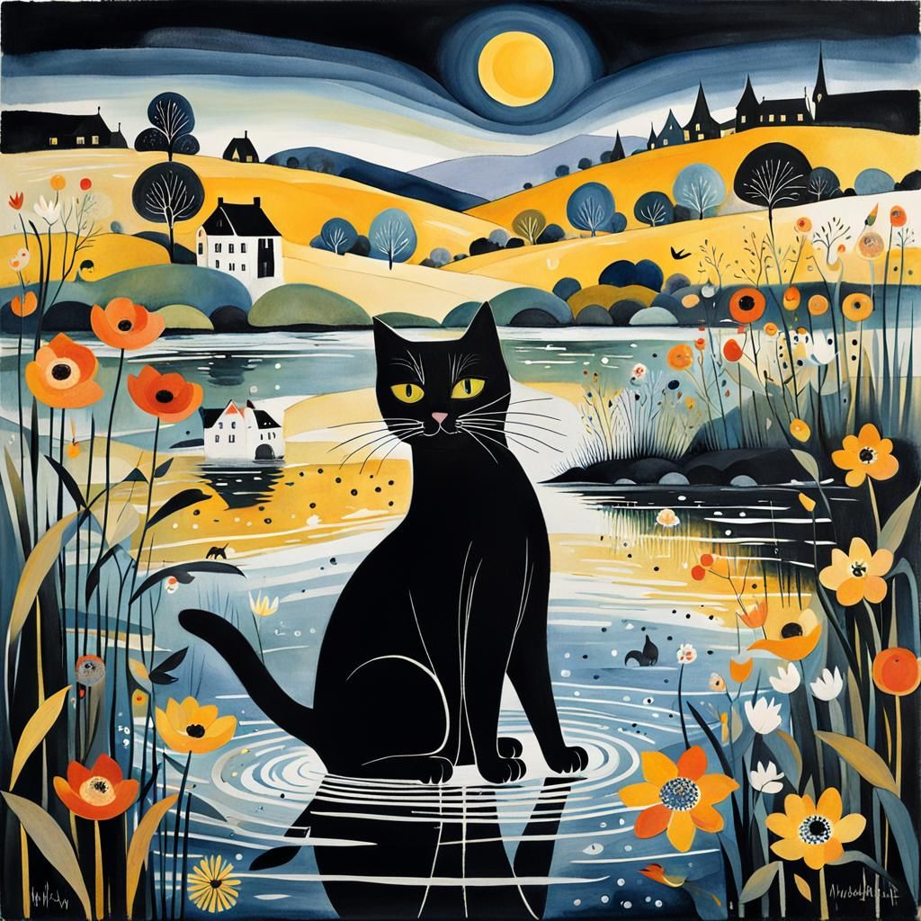 Girl and Black Cat in Rosina Wachtmeister Style