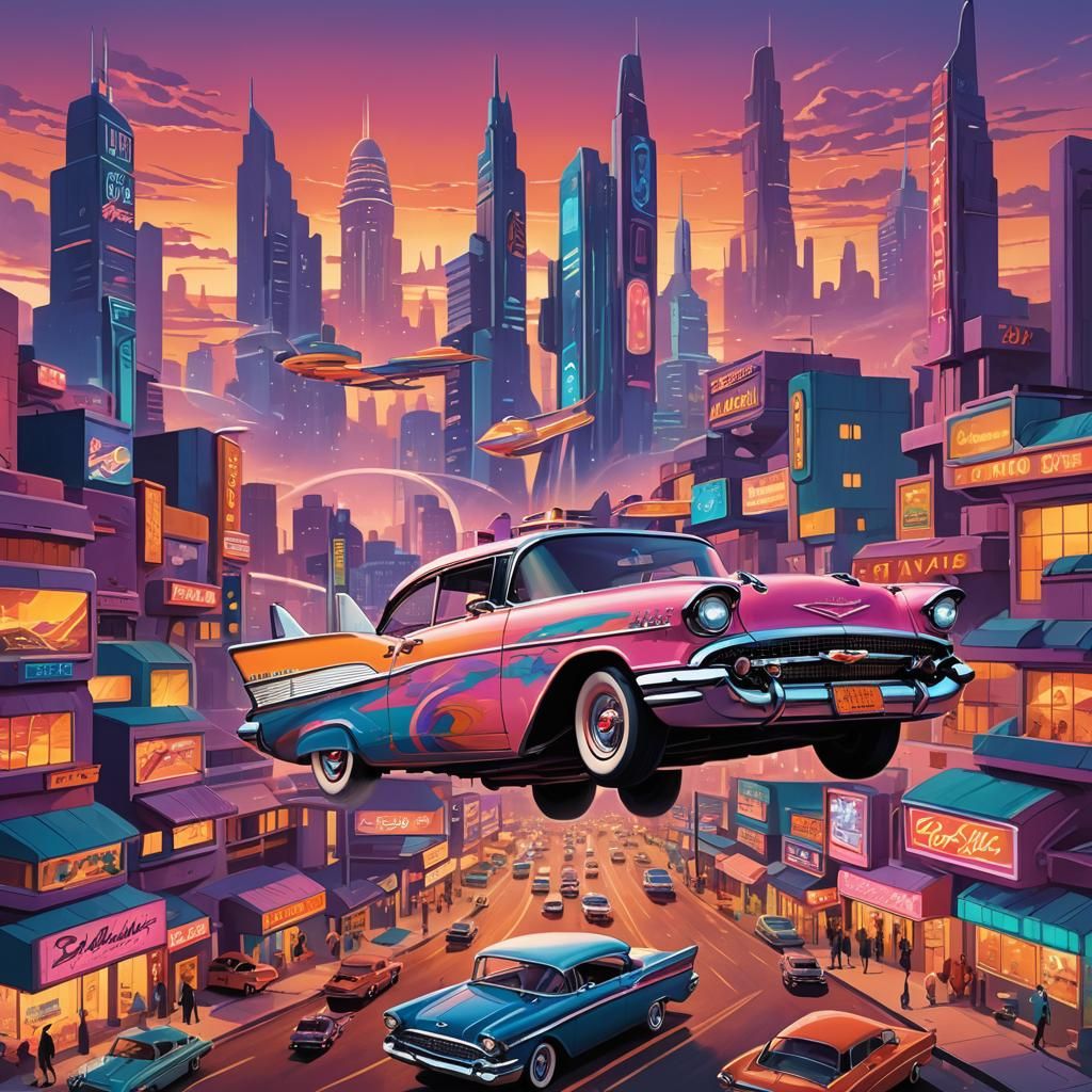 1957 Bel Air Races Through Googie Cityscape