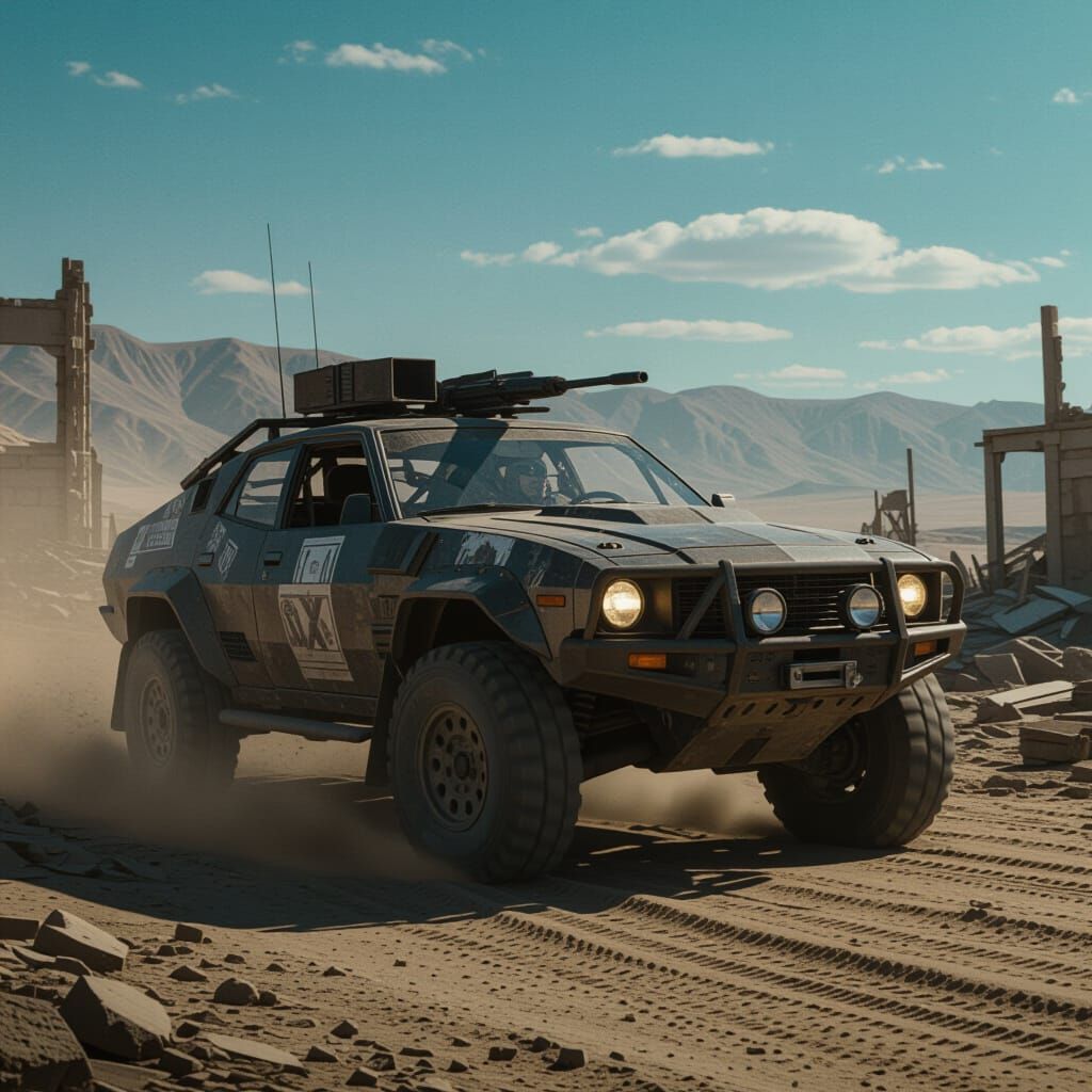 Armored Car in Post-Apocalyptic Wasteland Cinematic Still