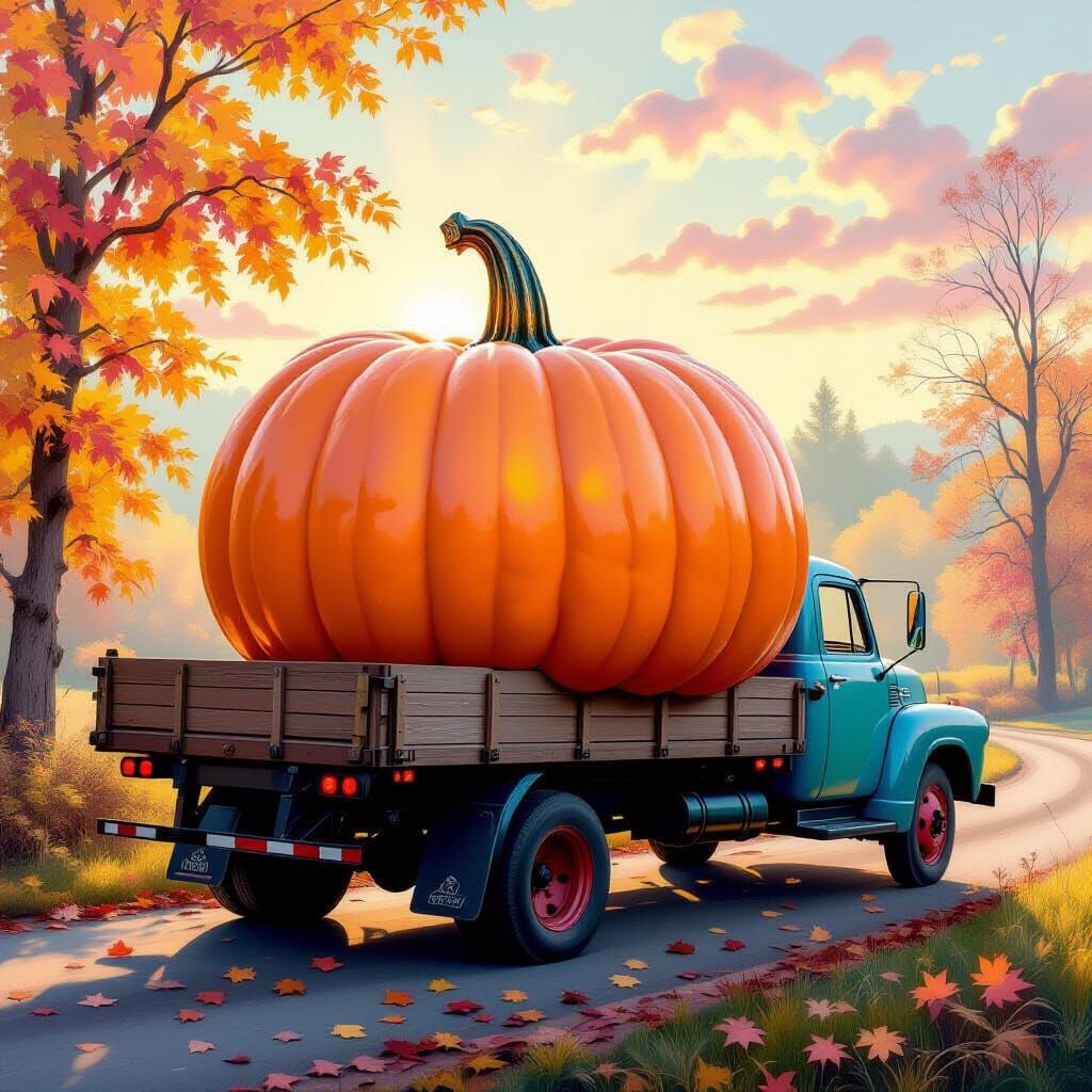 Giant Pumpkin on Truck in Luminous Metamodern Style