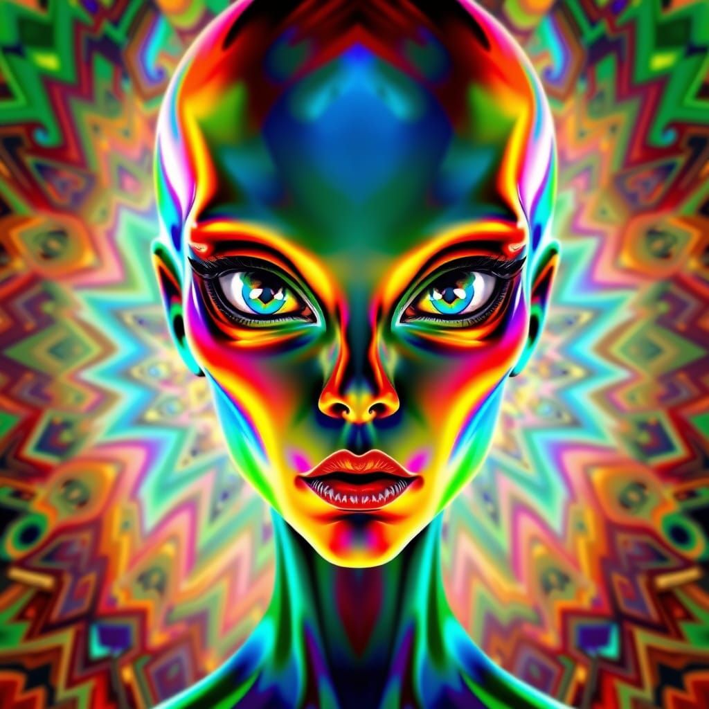 Kaleidoscopic Alien Woman in Psychedelic Art Deco Style