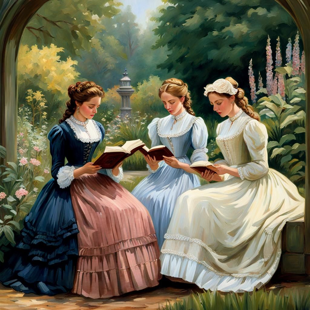 Little Women Reading in Victorian Garden, Oil Painting