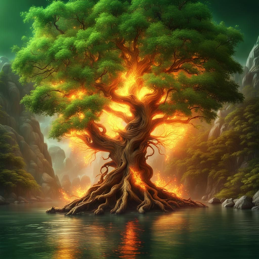 Fiery Tree with Falling and Rising Leaves by Golden River