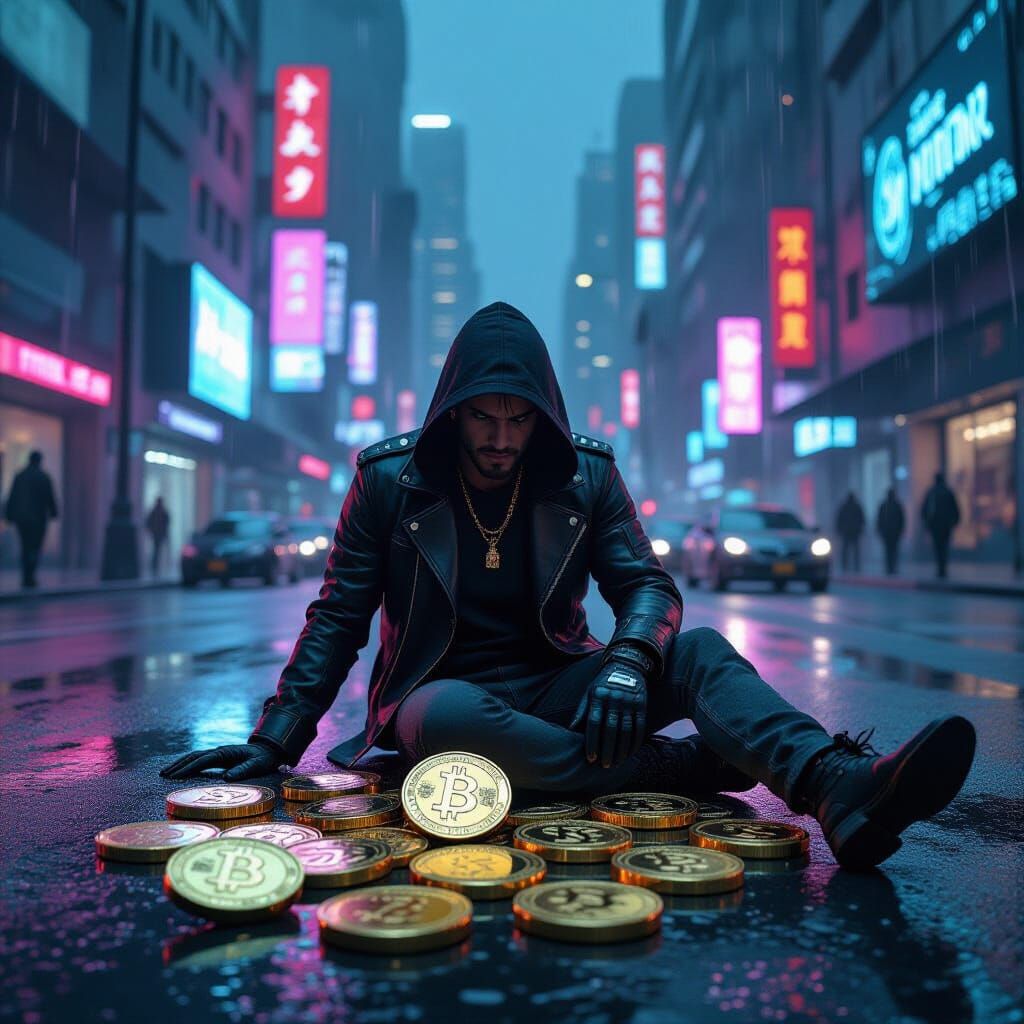 Cyberpunk Gold Coins on Rain-Slicked Asphalt