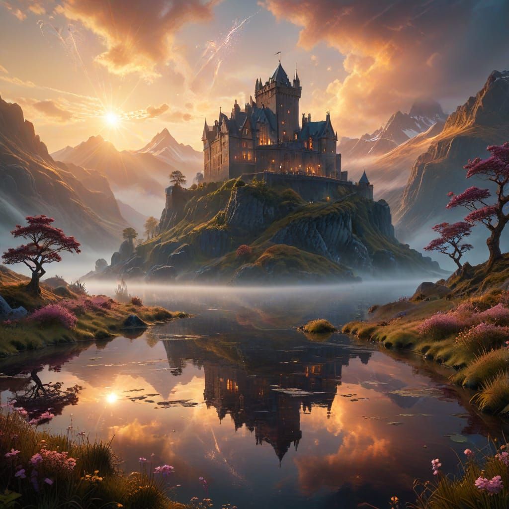 Ethereal Scottish Castle Landscape at Golden Hour