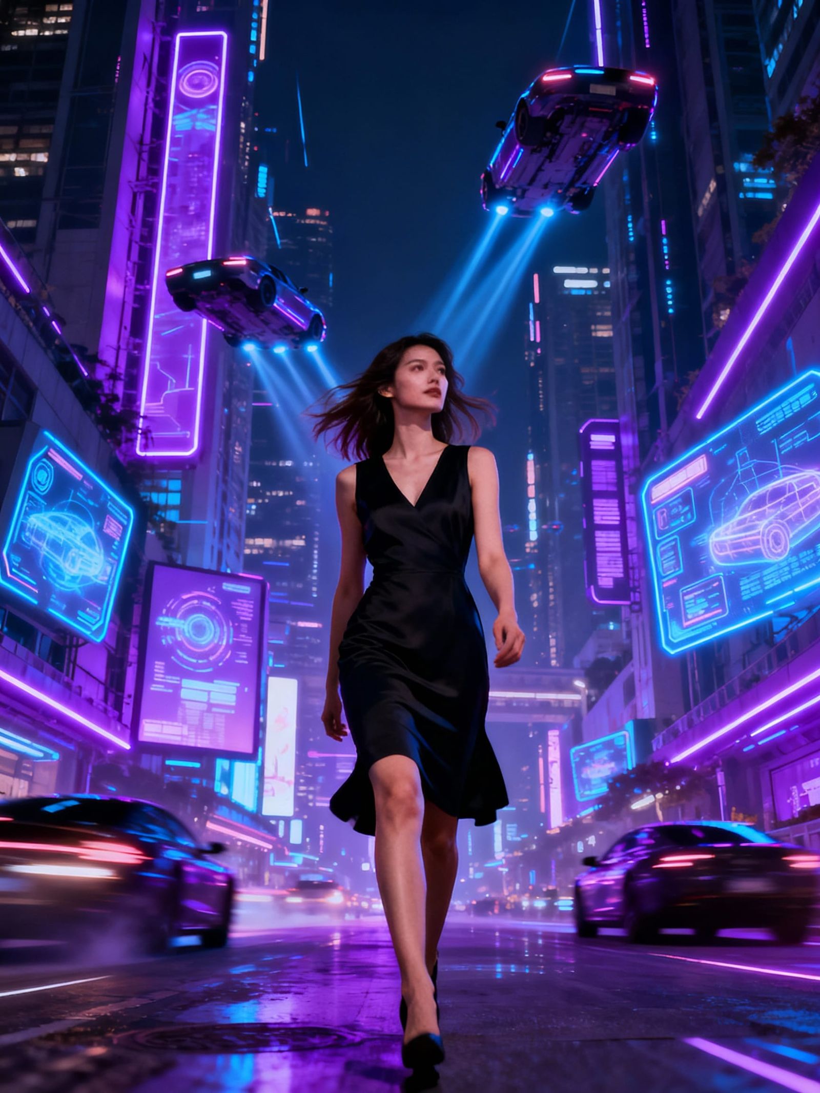 Cyberpunk Woman in Neon City, Beeple & Josan Gonzalez Style