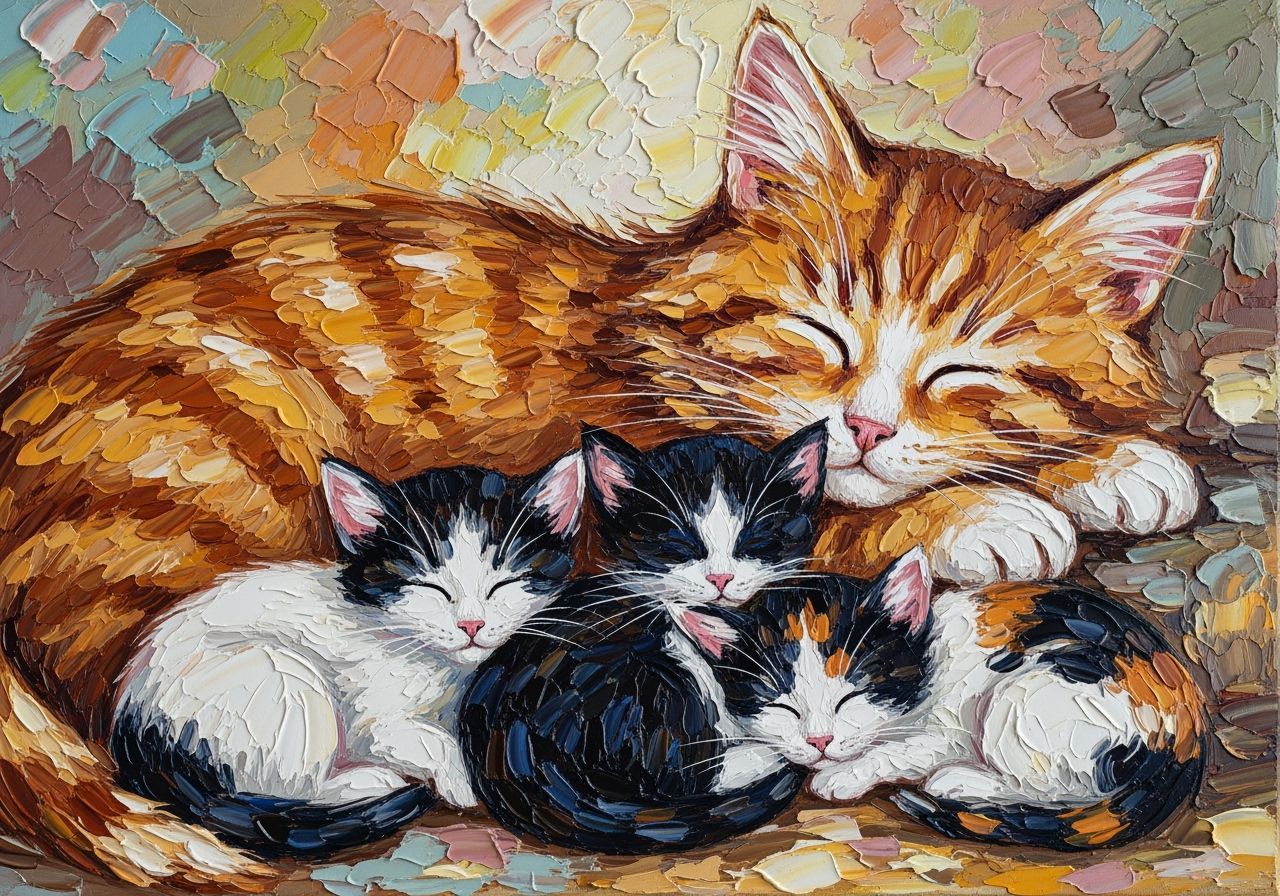 Impasto Oil Painting of Mother Cat and Kittens Sleeping