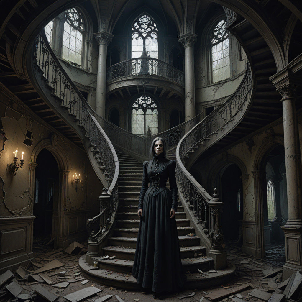 The Gloomy Countess Descends Gothic Ruins in Sinister Atmosp...