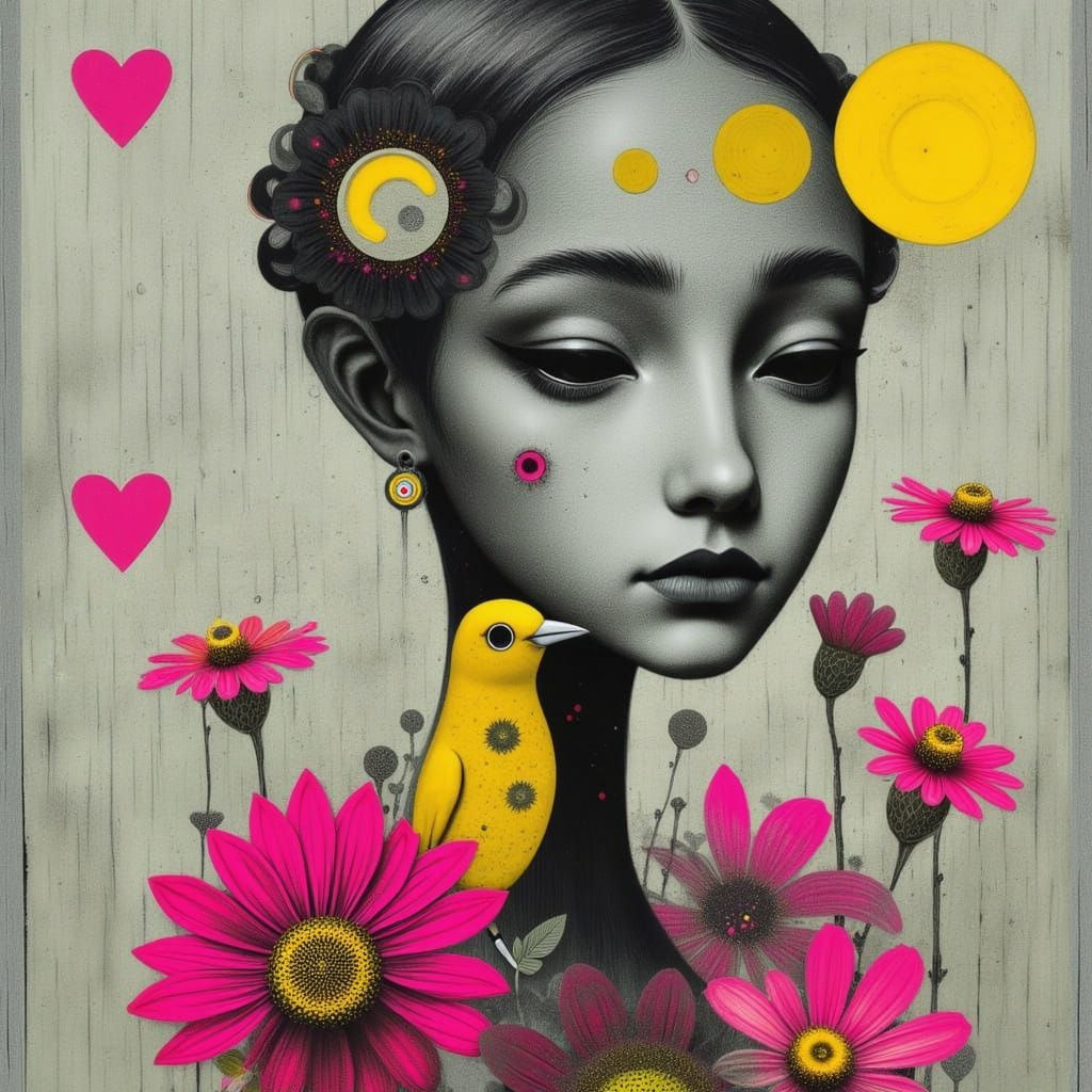Abstract Woman With Yellow Canary and Pink Flowers
