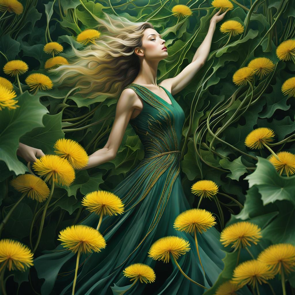 Dandelion Dancer in Vines: Elegant Digital Art