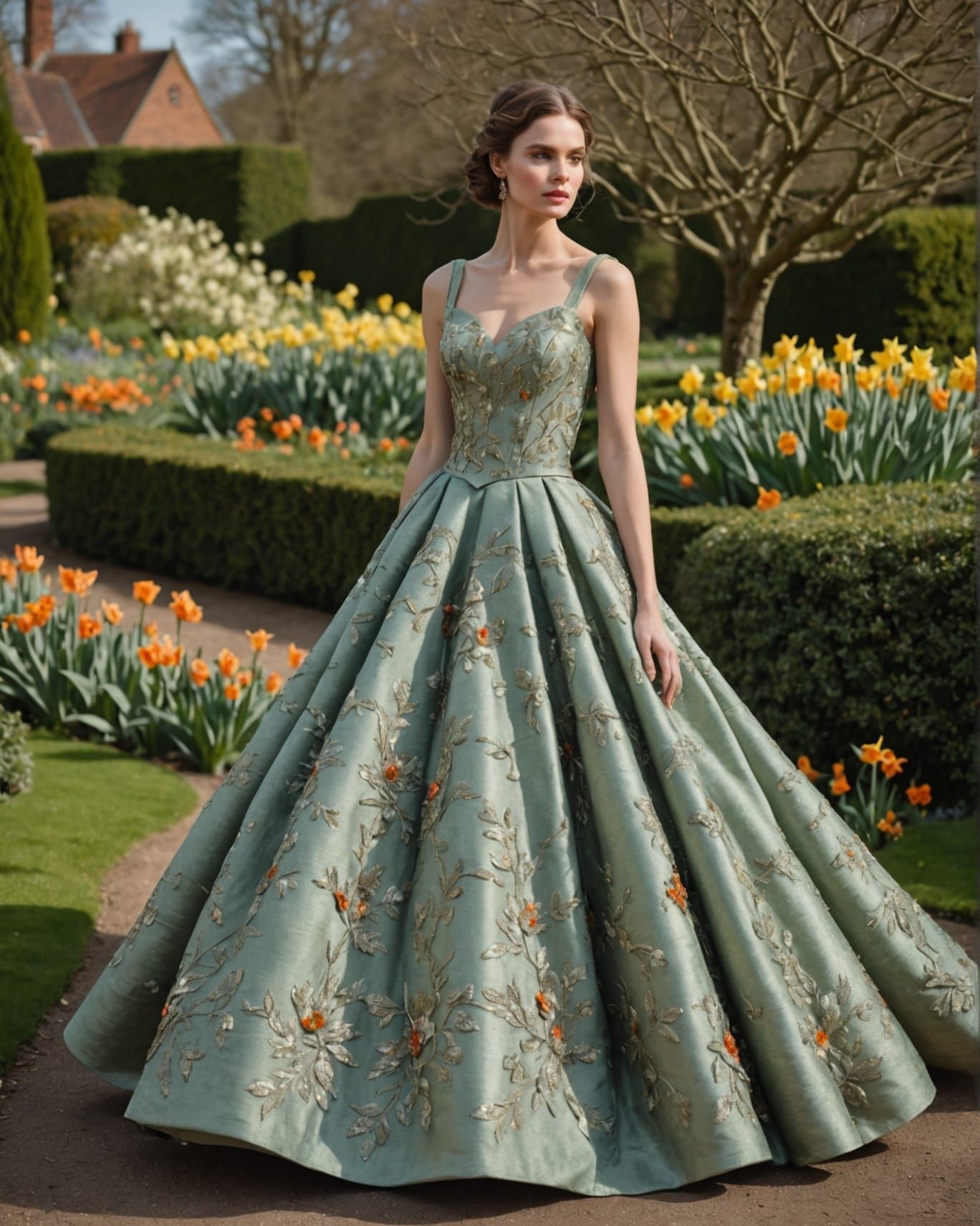 Elegant Model in Sage Green Gown, Anime Art