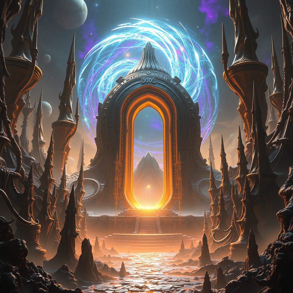 Mystical Stargate Portal in Alien Cityscape