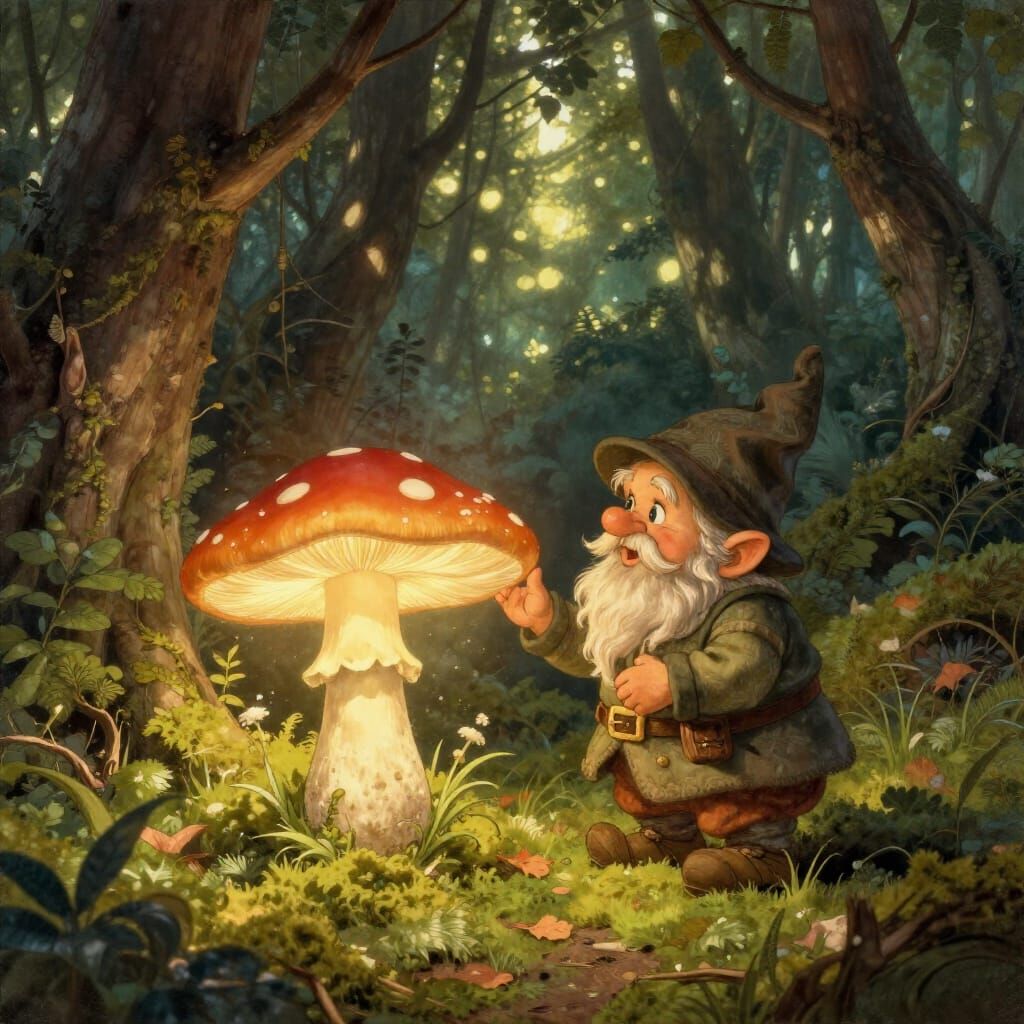 Whimsical Gnome Tending Giant Glowing Mushroom in Enchanted ...