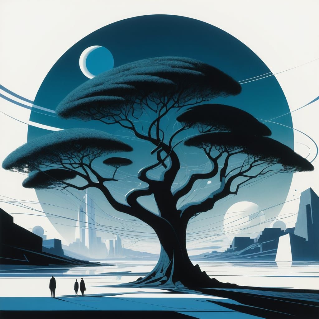 Monochromatic Tree of Life in a Cityscape with Volumetric Li...