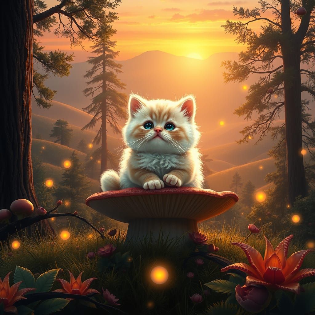 Whimsical Kitten on a Mushroom Throne